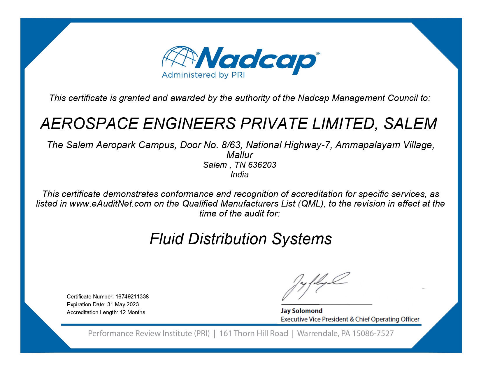 Certificate Nadcap (Aerospace) Fluid Distribution Systems